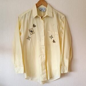 Vintage Yellow Checkered Button Up With Embroidered Butterfly and Jewels H&J